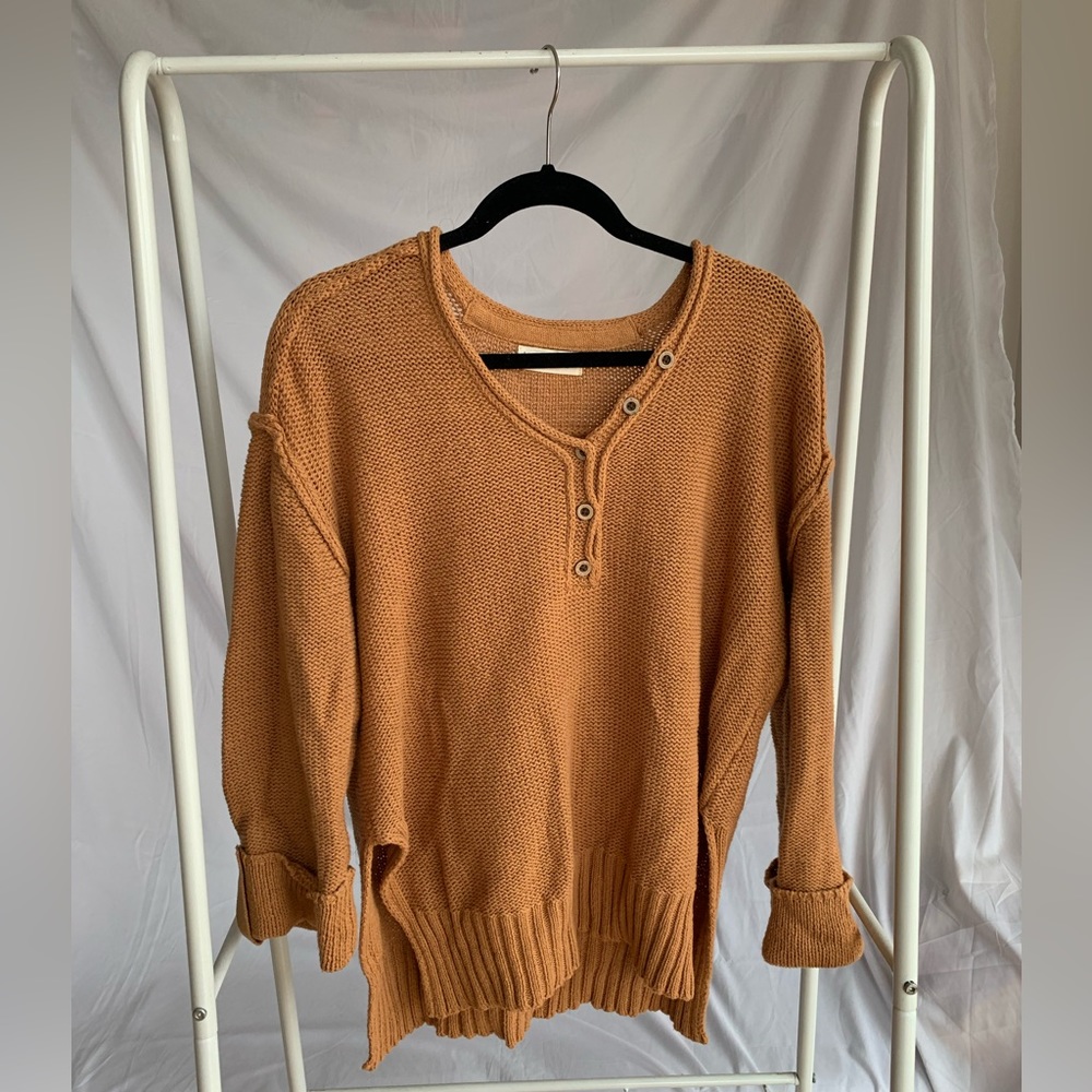 Pumpkin color cotton oversized henley sweater